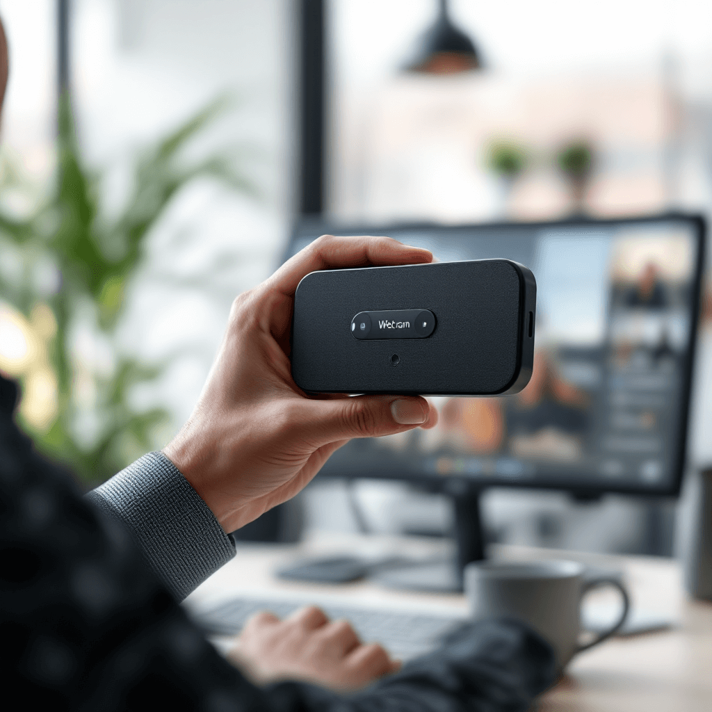 employé tenant un cache webcam personnalisé devant un pc sur un bureau