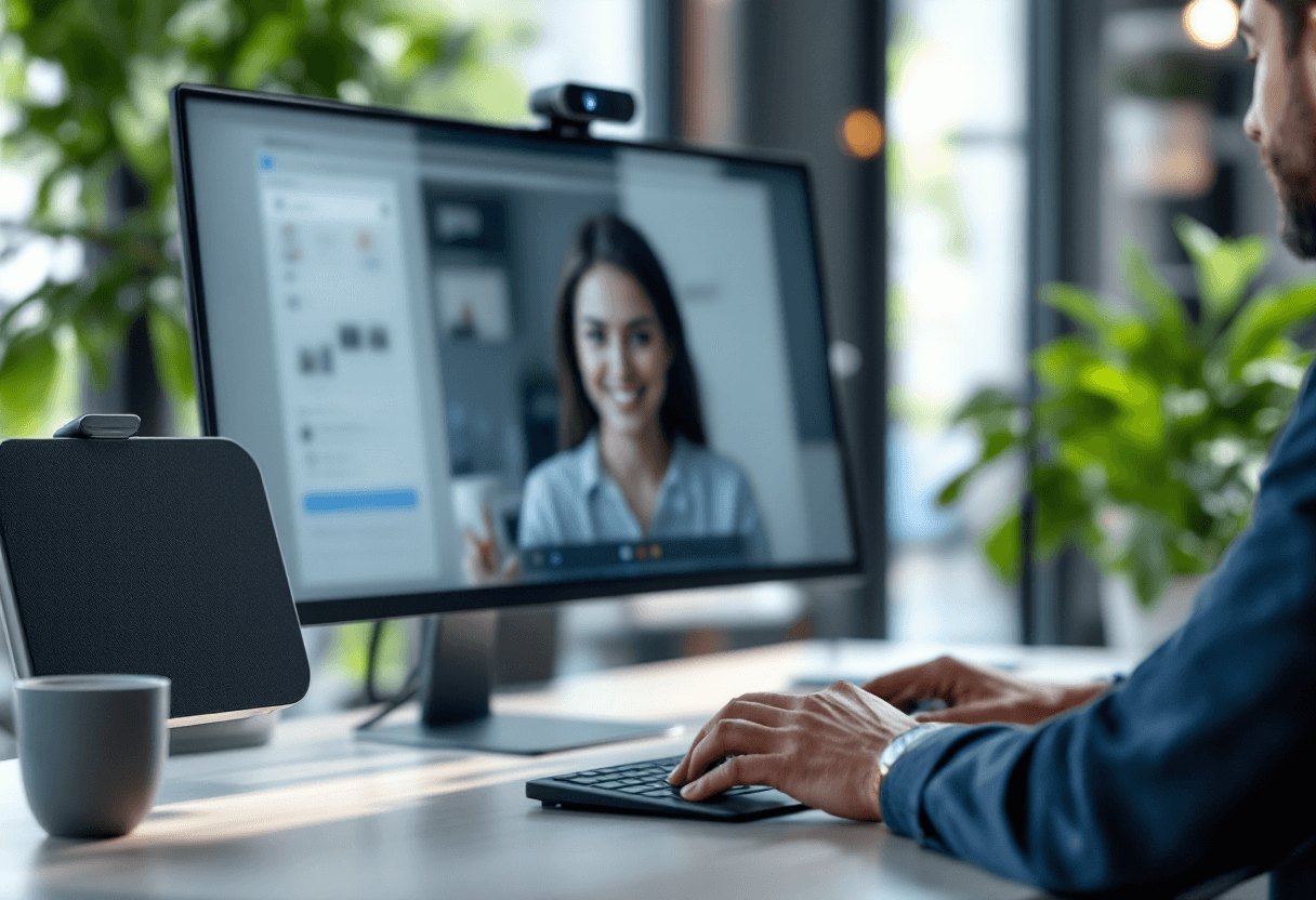 employé devant un pc de bureau avec cache webcam personnalisé en bureau